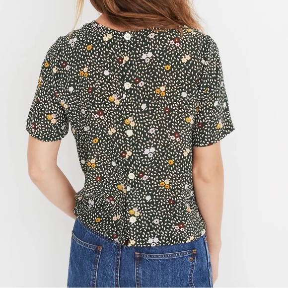 Madewell Silk Button Back Front tie Shirt Size Small Olive Green Ditsy Floral - Picture 3 of 11